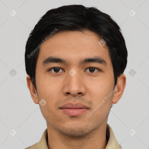 Neutral asian young-adult male with short  black hair and brown eyes