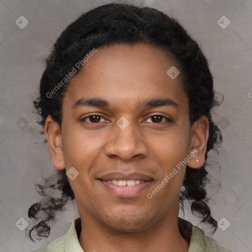 Joyful latino young-adult male with short  brown hair and brown eyes