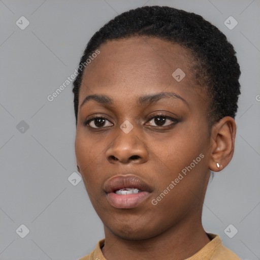 Neutral black young-adult female with short  black hair and brown eyes