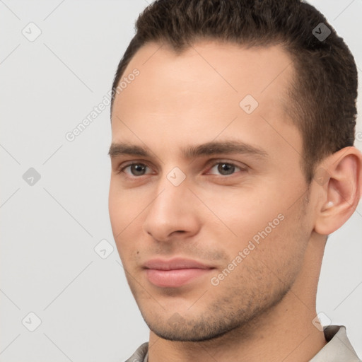 Neutral white young-adult male with short  brown hair and brown eyes