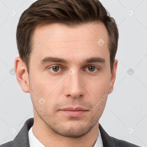 Neutral white young-adult male with short  brown hair and grey eyes