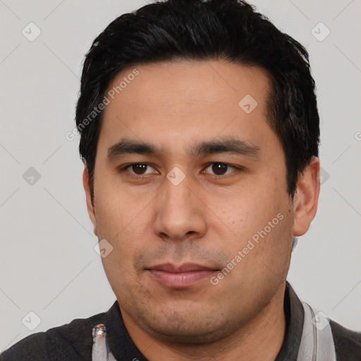 Neutral asian young-adult male with short  black hair and brown eyes