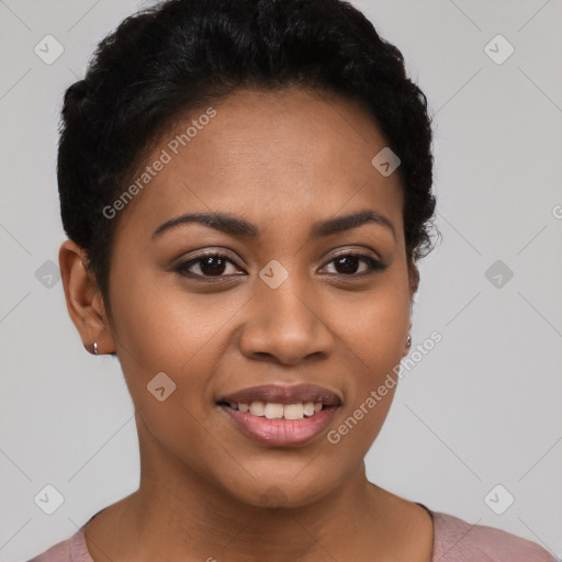 Joyful latino young-adult female with short  black hair and brown eyes