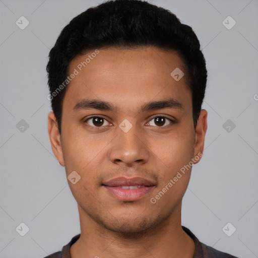 Neutral latino young-adult male with short  black hair and brown eyes