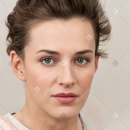 Neutral white young-adult female with short  brown hair and grey eyes