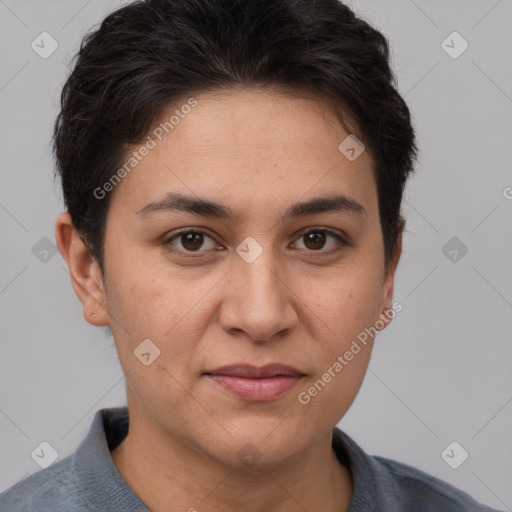 Joyful white young-adult female with short  brown hair and brown eyes