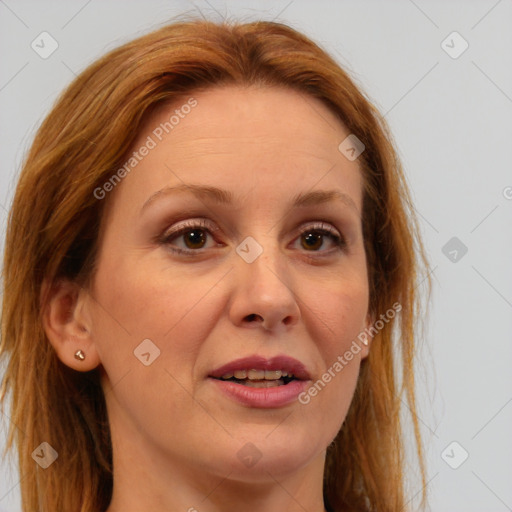 Joyful white adult female with long  brown hair and brown eyes