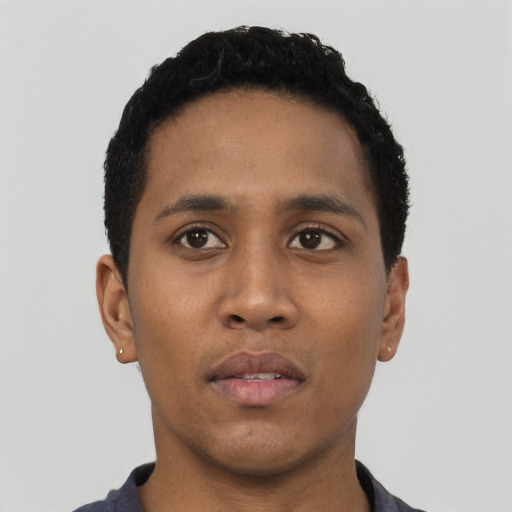Neutral black young-adult male with short  black hair and brown eyes