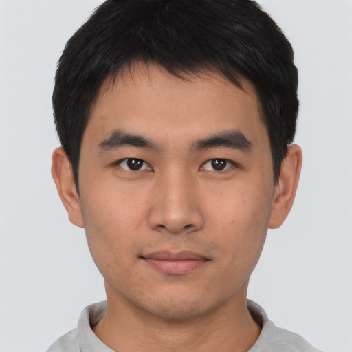 Neutral asian young-adult male with short  brown hair and brown eyes