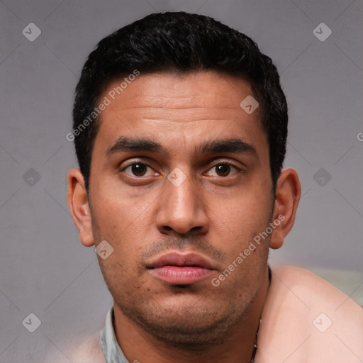 Neutral white young-adult male with short  black hair and brown eyes