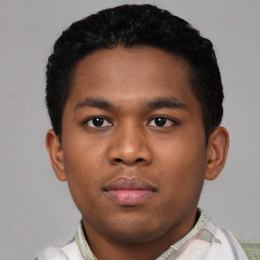 Neutral black young-adult male with short  black hair and brown eyes