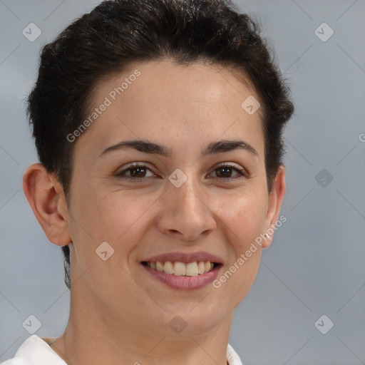 Joyful white young-adult female with short  brown hair and brown eyes