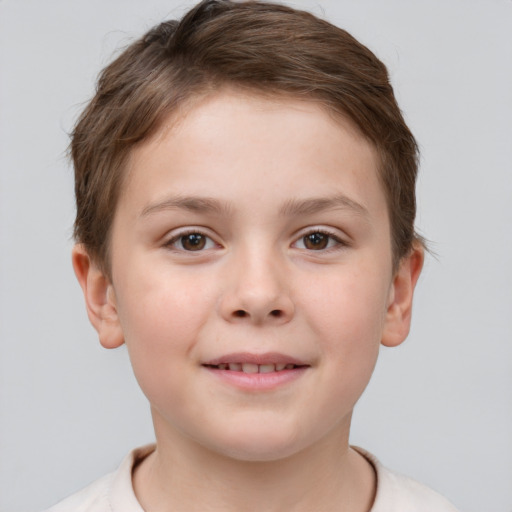 Joyful white child female with short  brown hair and brown eyes