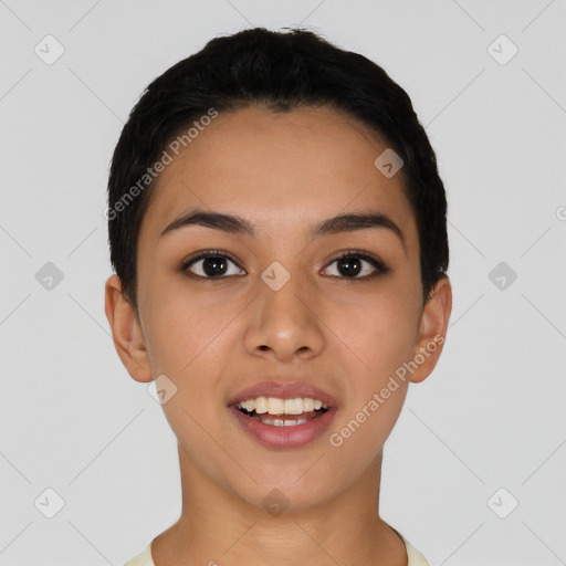 Joyful latino young-adult female with short  black hair and brown eyes