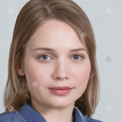 Neutral white young-adult female with medium  brown hair and blue eyes