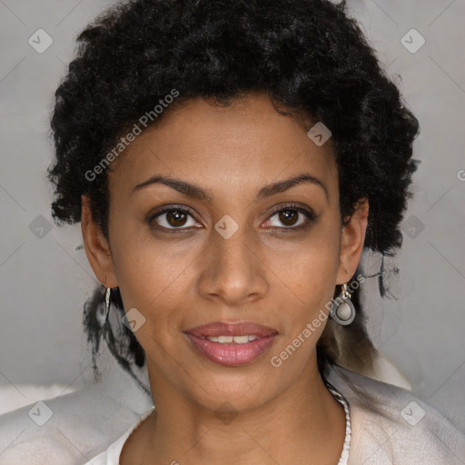 Joyful black young-adult female with short  brown hair and brown eyes