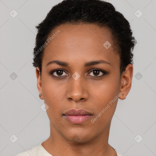 Neutral black young-adult female with short  brown hair and brown eyes