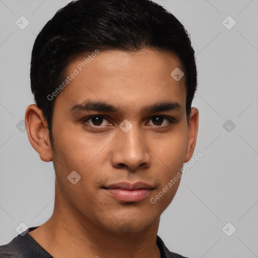 Neutral latino young-adult male with short  brown hair and brown eyes