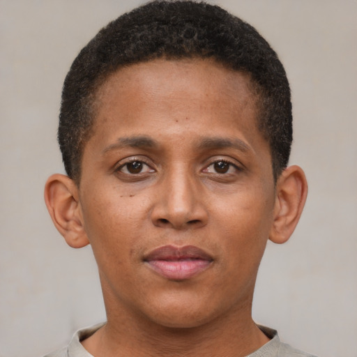 Neutral black young-adult male with short  brown hair and brown eyes