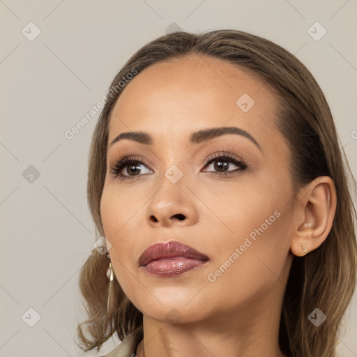 Neutral white young-adult female with long  brown hair and brown eyes