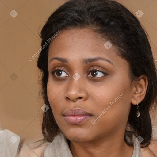 Neutral white young-adult female with medium  brown hair and brown eyes