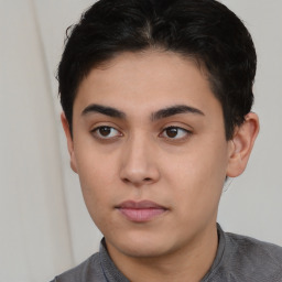 Neutral latino young-adult male with short  brown hair and brown eyes