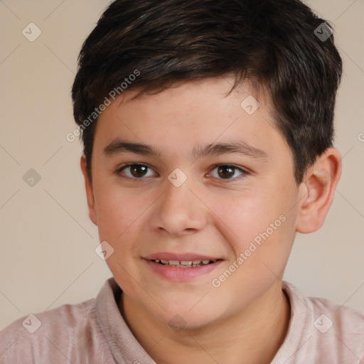 Joyful white child male with short  brown hair and brown eyes