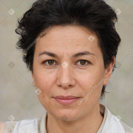 Joyful white adult female with short  brown hair and brown eyes