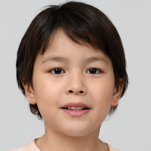 Joyful white child female with medium  brown hair and brown eyes