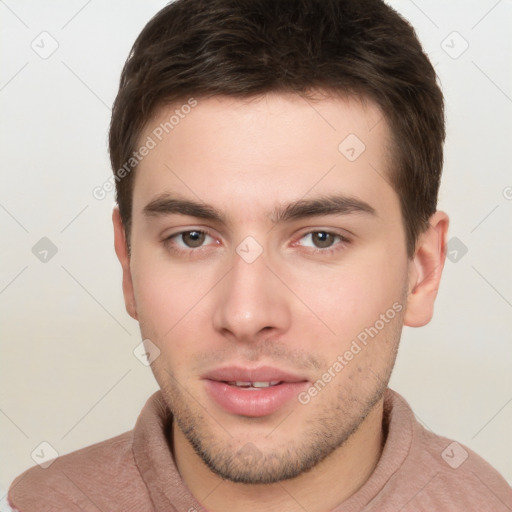 Neutral white young-adult male with short  brown hair and brown eyes