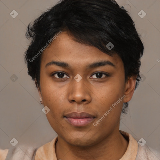 Neutral asian young-adult female with short  brown hair and brown eyes