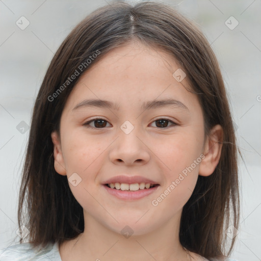 Joyful white child female with medium  brown hair and brown eyes