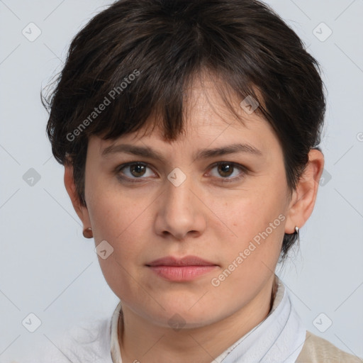 Neutral white young-adult female with medium  brown hair and brown eyes