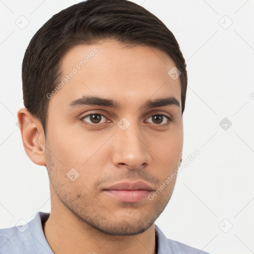 Neutral white young-adult male with short  brown hair and brown eyes