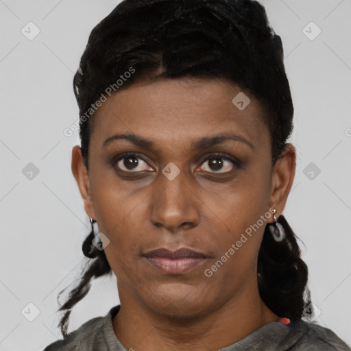 Neutral black young-adult female with short  black hair and brown eyes