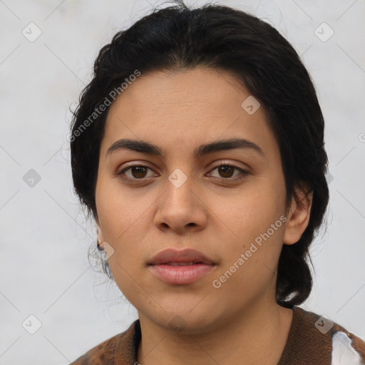 Neutral asian young-adult female with short  black hair and brown eyes