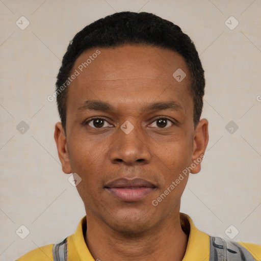 Neutral black young-adult male with short  black hair and brown eyes