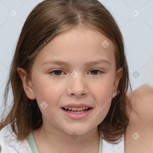 Joyful white child female with medium  brown hair and brown eyes