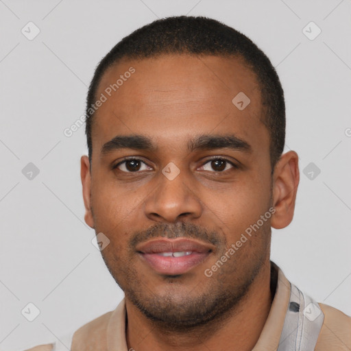 Neutral latino young-adult male with short  black hair and brown eyes