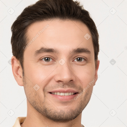 Joyful white young-adult male with short  brown hair and brown eyes