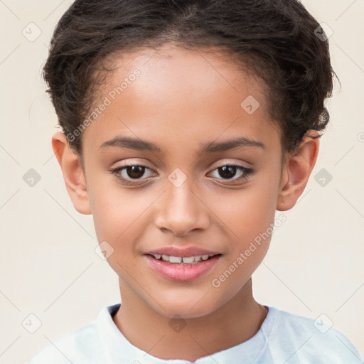 Joyful white child female with short  brown hair and brown eyes