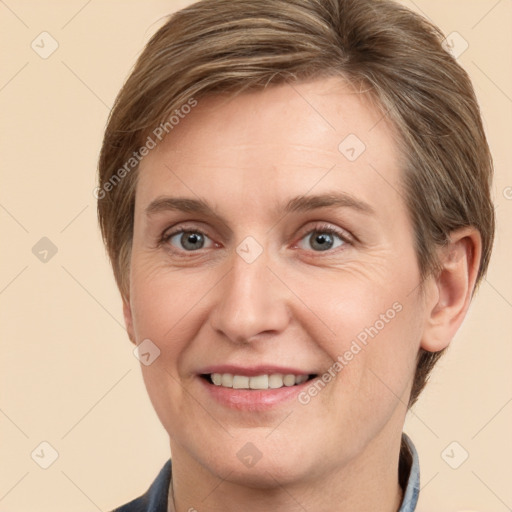 Joyful white adult female with short  brown hair and grey eyes