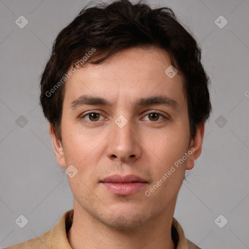 Neutral white young-adult male with short  brown hair and brown eyes