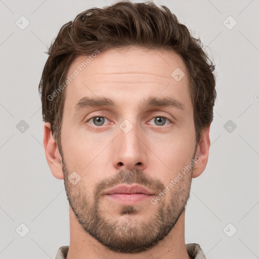 Neutral white young-adult male with short  brown hair and grey eyes