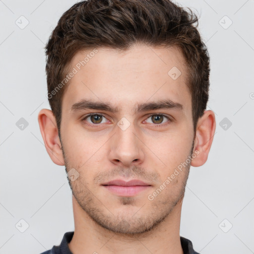 Neutral white young-adult male with short  brown hair and brown eyes