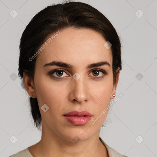 Neutral white young-adult female with medium  brown hair and brown eyes