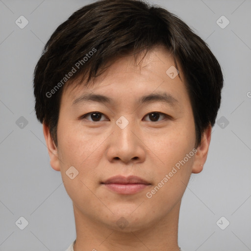 Joyful asian young-adult male with short  brown hair and brown eyes