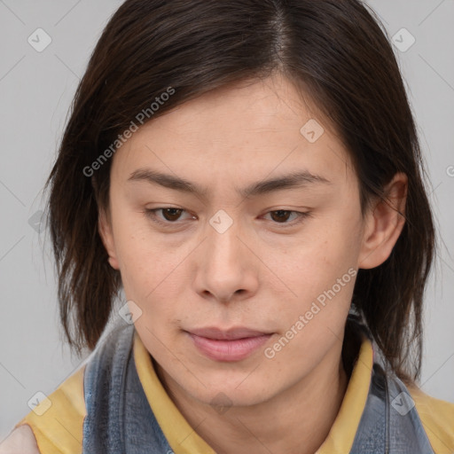 Neutral white young-adult female with medium  brown hair and brown eyes