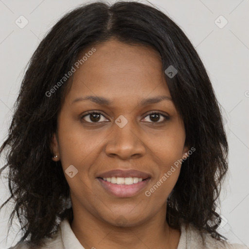 Joyful black young-adult female with medium  brown hair and brown eyes