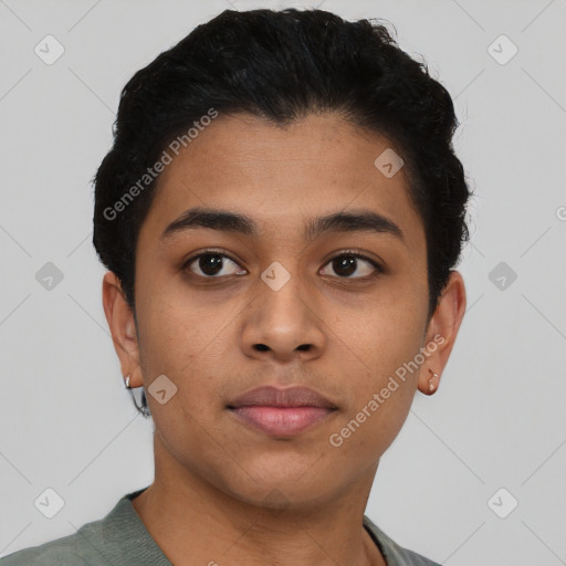 Neutral latino young-adult male with short  brown hair and brown eyes